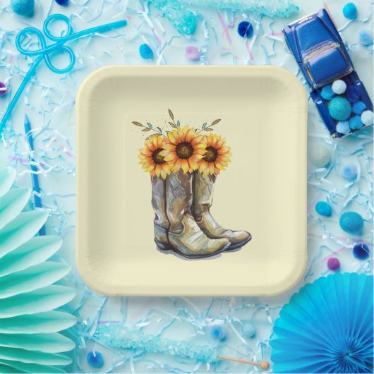 Rustikale Cowboystiefel mit Sonnenblumen Pappteller (Party)