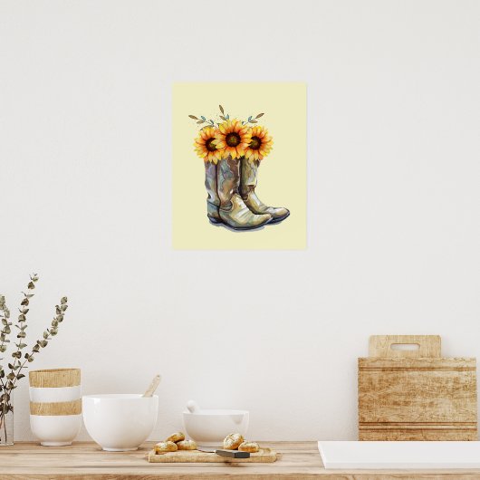 Rustikale Cowboystiefel mit Sonnenblumen Poster (Küche)