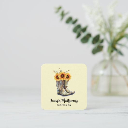 Rustikale Cowboystiefel mit Sonnenblumen Quadratische Visitenkarte (Stehend Vorderseite)