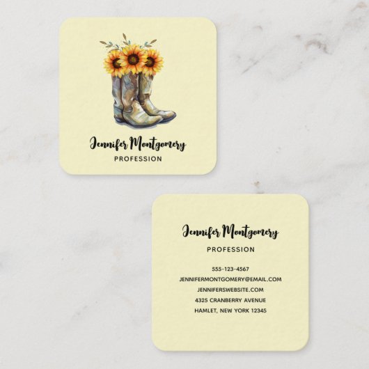 Rustikale Cowboystiefel mit Sonnenblumen Quadratische Visitenkarte (Vorne/Hinten)