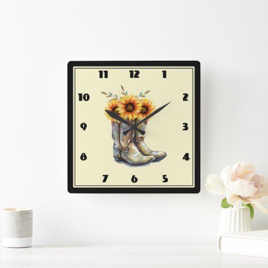 Rustikale Cowboystiefel mit Sonnenblumen Quadratische Wanduhr (Zuhause)