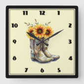 Rustikale Cowboystiefel mit Sonnenblumen Quadratische Wanduhr (Vorderseite)