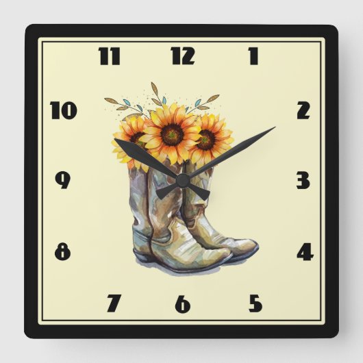 Rustikale Cowboystiefel mit Sonnenblumen Quadratische Wanduhr (Vorderseite)