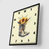 Rustikale Cowboystiefel mit Sonnenblumen Quadratische Wanduhr (Winkel)