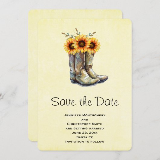 Rustikale Cowboystiefel mit Sonnenblumen Save the Save The Date (Vorne/Hinten)