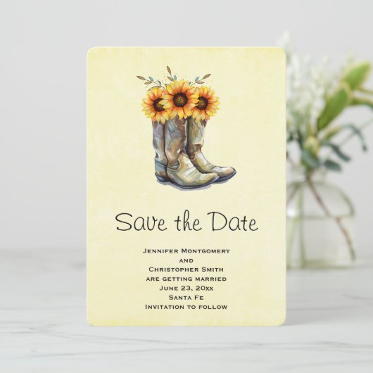 Rustikale Cowboystiefel mit Sonnenblumen Save the Save The Date (Stehend Vorderseite)