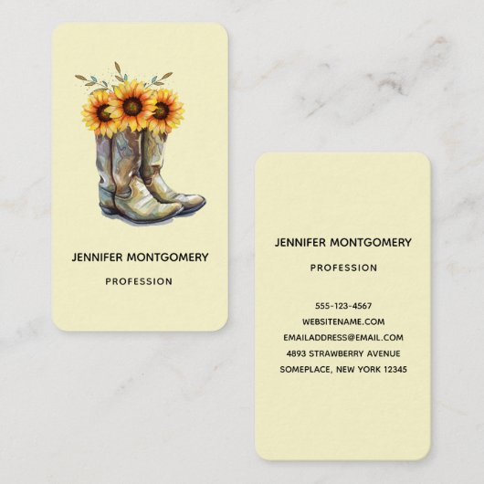 Rustikale Cowboystiefel mit Sonnenblumen Visitenkarte (Vorne/Hinten)