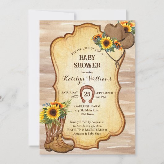 Rustikale Cowboystiefel und Hutsonnenblumen Aquare Einladung (Vorderseite)