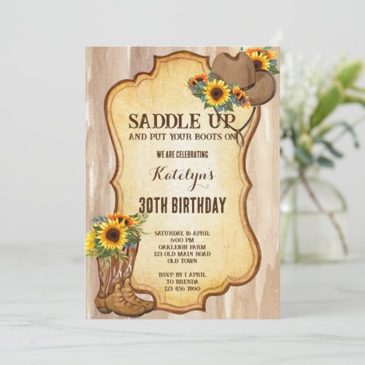 Rustikale Cowboystiefel und Hutsonnenblumen Aquare Einladung (Stehend Vorderseite)