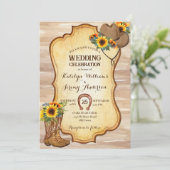 Rustikale Cowboystiefel und Hutsonnenblumen Aquare Einladung (Stehend Vorderseite)