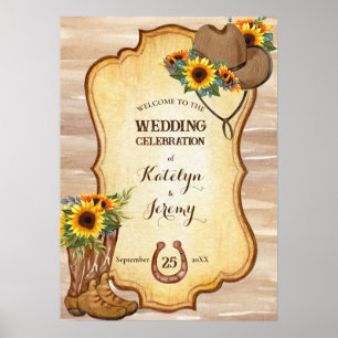 Rustikale Cowboystiefel und Hutsonnenblumen Aquare Poster