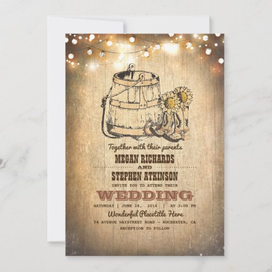 Rustikale Cowboystiefel und String-Lights-Hochzeit Einladung (Vorderseite)