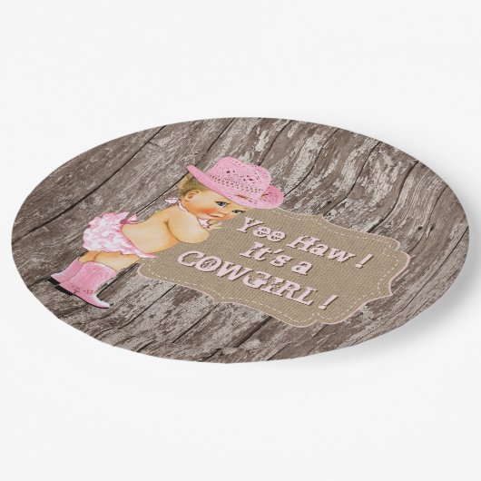 Rustikale Cowgirl Babydusche Pappteller (Schrägansicht)