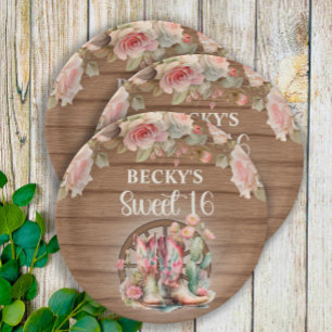Rustikale Cowgirl-Stiefel Rosa Rosen Sweet 16 Pappteller