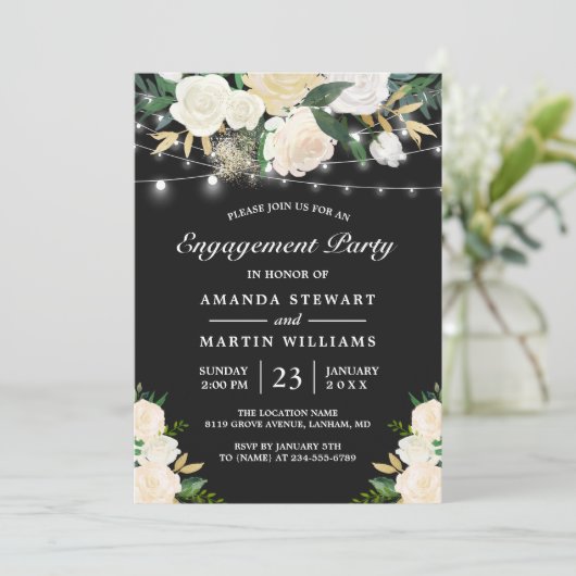 Rustikale Cream Floral String Lights Engagement Pa Einladung (Stehend Vorderseite)