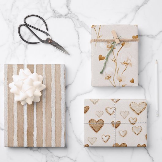 Rustikale Creme Braune Herzen Streifen Geburtstag Geschenkpapier Set (Vorderseite)