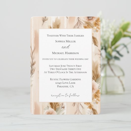 Rustikale Creme-Rand Boho-Floral-Hochzeit Einladung (Stehend Vorderseite)