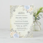 Rustikale Creme Soft Blue Floral Lace muslimische Einladung (Stehend Vorderseite)
