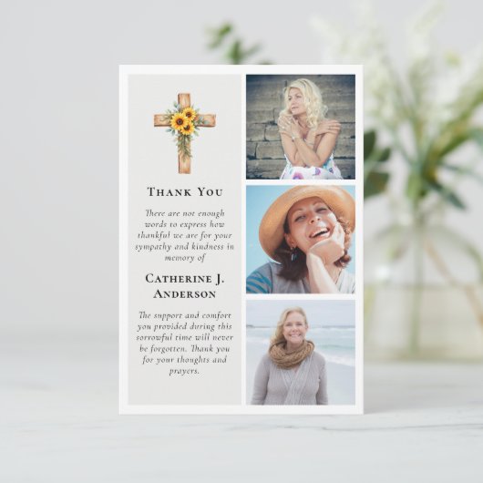 Rustikale Cross Sunflower 3 Foto Beileid Beerdigun Dankeskarte (Stehend Vorderseite)