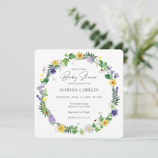 Rustikale Daffodien & Wildblumen Square Kinderdusc Einladung (Stehend Vorderseite)