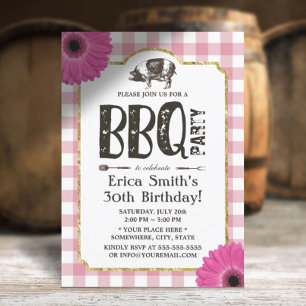 Rustikale Daisy-Schweinebraten-BBQ-Pink-Kariert-Ge Einladung