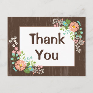 Rustikale Danke-Braun-Holz-Rosa-Blumen-Hochzeit Postkarte