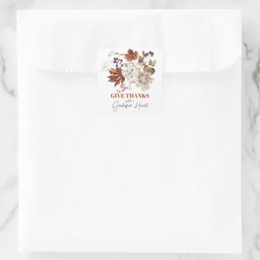 Rustikale Danksagung Fall Floral Quadratischer Aufkleber (Tasche)