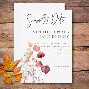 Rustikale Delikatesse Burgund & Rust Herbstlaub Save The Date