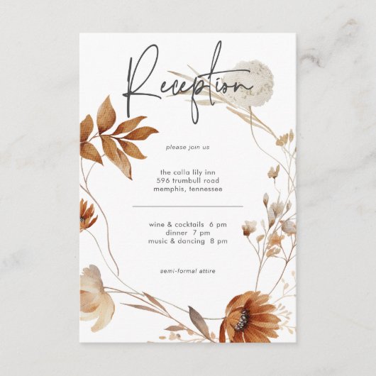 Rustikale Delikatesse Fall Blumenkranz Empfang Begleitkarte (Vorderseite)