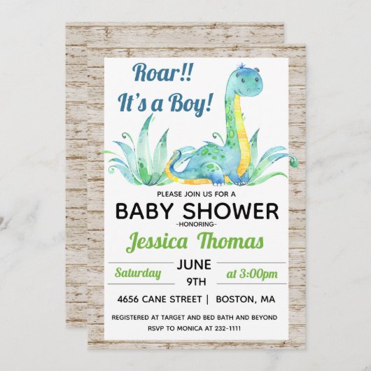 Rustikale Dinosaurier Kinderdusche Einladung (Vorne/Hinten)