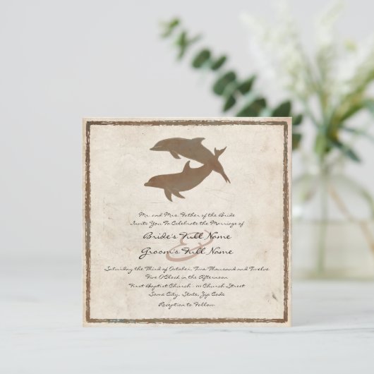Rustikale Dolphins Beach Hochzeit Einladung (Stehend Vorderseite)