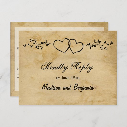 Rustikale Doppelherzen mit RSVP POSTCARDS Einladungspostkarte (Vorne/Hinten)