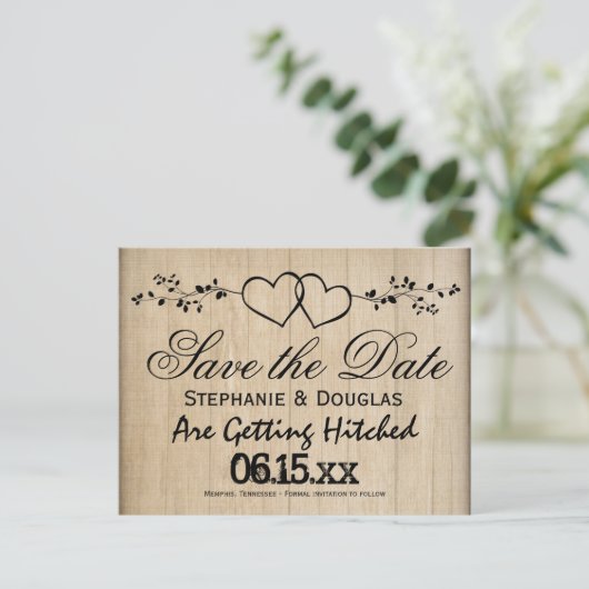 Rustikale Doppelherzen Save the Date Postkarten (Stehend Vorderseite)