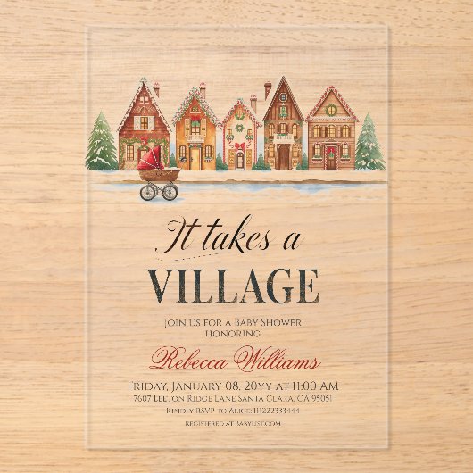 Rustikale Dorfhäuser Winterkindusche Acryleinladungen (Vorderseite)