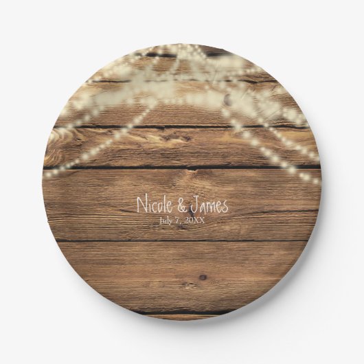 Rustikale Dreamy Lights & Wood Rustikale Hochzeit Pappteller (Vorderseite)