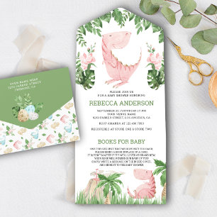 Rustikale Dschungel-Blumen-Rosa-Dinosaurier-Baby-P All In One Einladung
