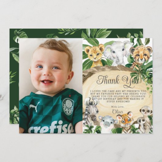 Rustikale Dschungeltiere Holzgrün Geburtstagsgebir Dankeskarte (Vorne/Hinten)