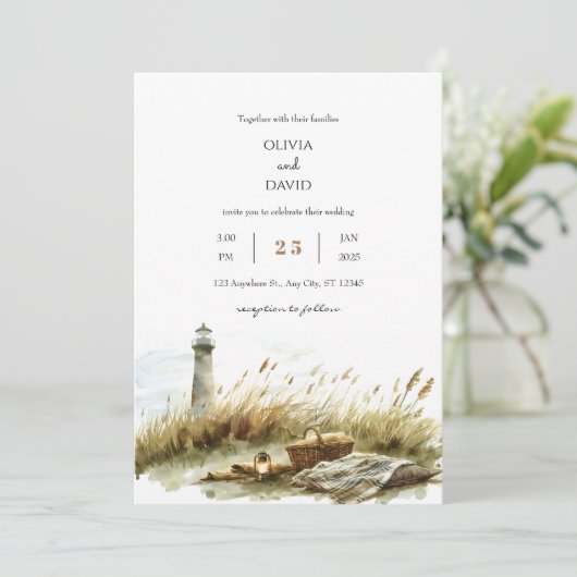 Rustikale Dünenhochzeit am Strand von Picnic und L Einladung (Stehend Vorderseite)