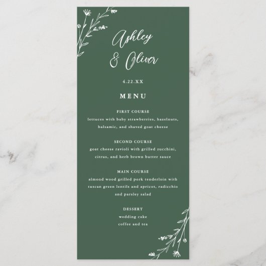 Rustikale, dunkelgrüne Botanische Hochzeitskarte Programm (Vorderseite)