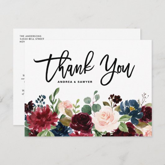 Rustikale Dunkelholz-Burgund-Blume Hochzeit im Her Postkarte (Vorne/Hinten)