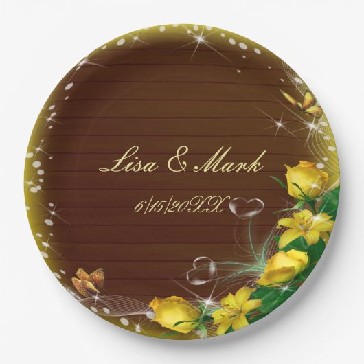 Rustikale Dunkelholz-Gelbe Blütenschmetterlingshoc Pappteller (Vorderseite)