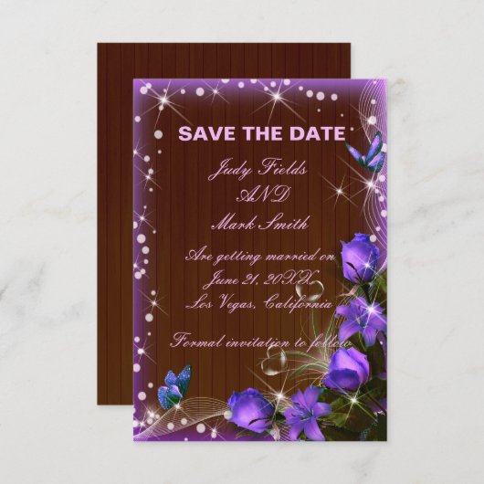 Rustikale Dunkelholz-Lila Blumenkarte Save the Dat Dankeskarte (Vorne/Hinten)