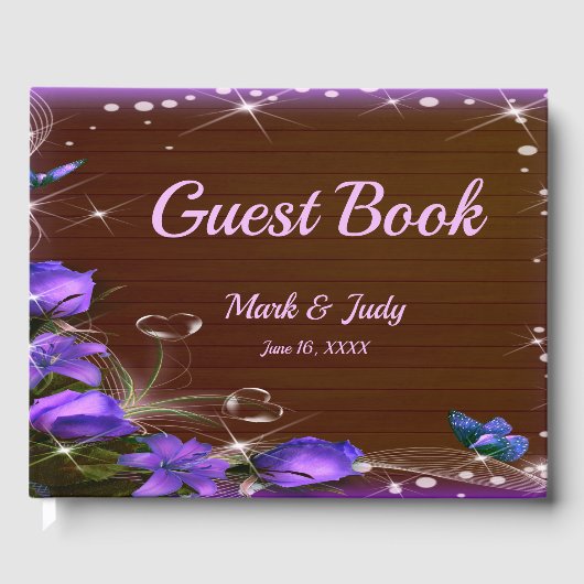 Rustikale Dunkelholz-Lila Blütenschmetterlingshoch Gästebuch (Vorderseite)