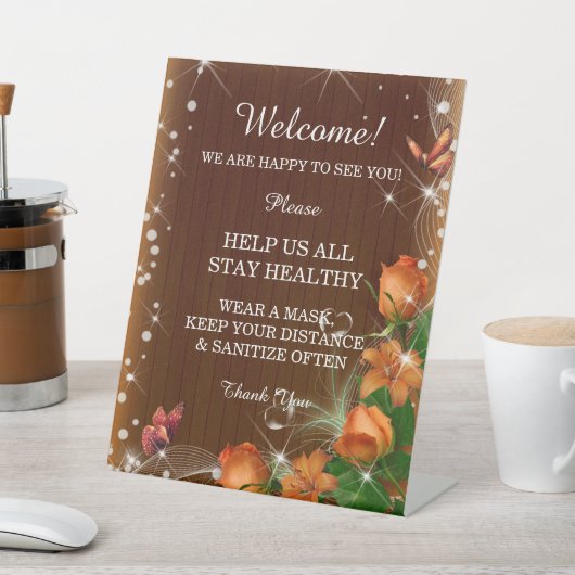 Rustikale Dunkelholz-Orangefarbene Hochzeitssicher Sockelschild (In SItu)