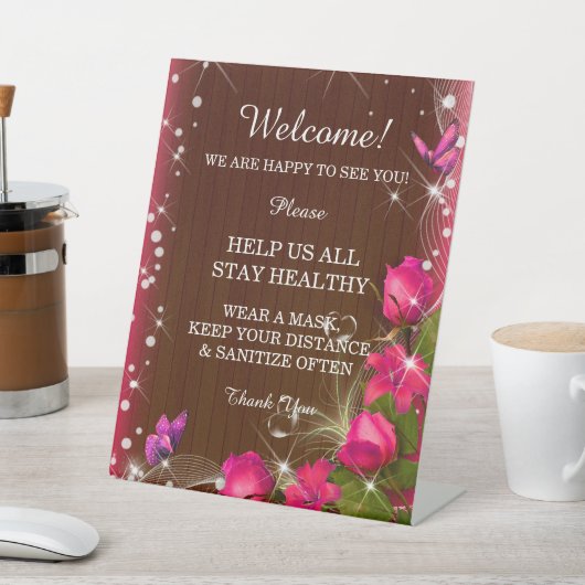 Rustikale Dunkelholz-Rosa-Blumensicherheit Sockelschild (In SItu)