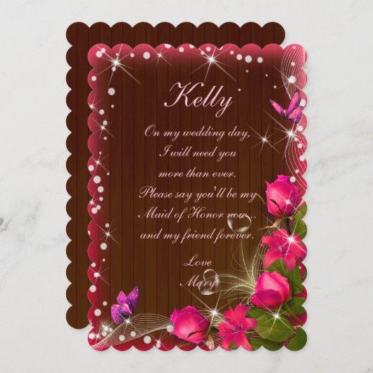 Rustikale Dunkelholz-Rosa-Trauzeugin Einladung (Vorne/Hinten)