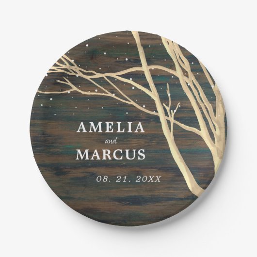 Rustikale Dunkelwald Winterbaum Hochzeitsfeier Pappteller (Vorderseite)