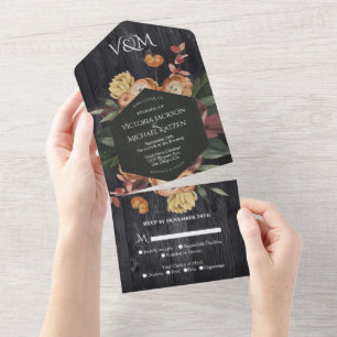 Rustikale dunkle Holz-Herbst-Blumen-Hochzeit All In One Einladung