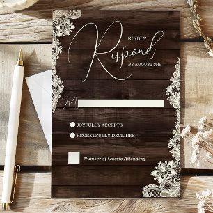 Rustikale dunkle Holz- und Spitzen-Hochzeitsantwor RSVP Karte