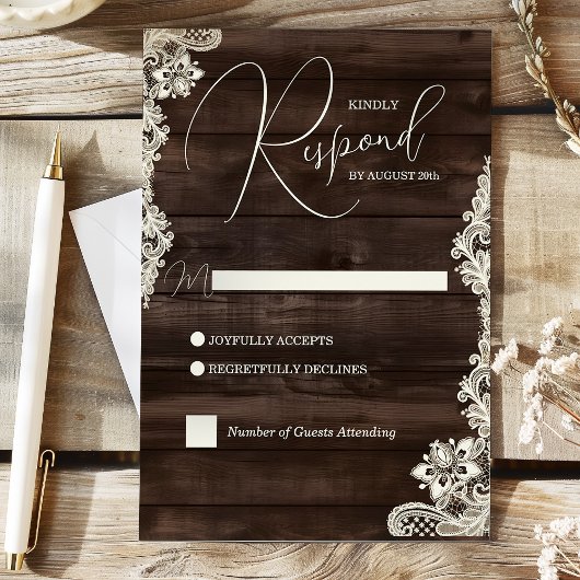 Rustikale dunkle Holz- und Spitzen-Hochzeitsantwor RSVP Karte
